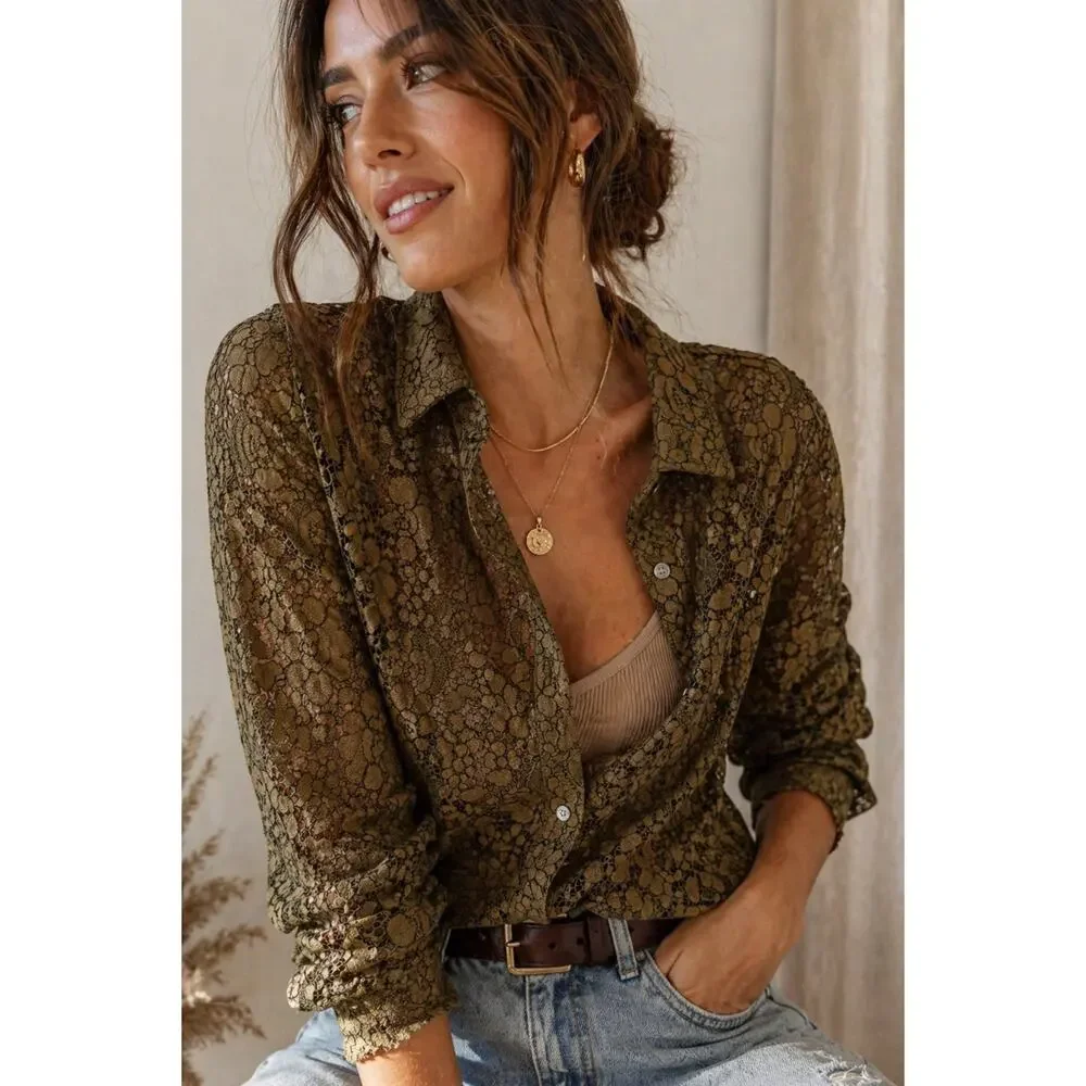J Crew Olive Green Lace Button Up Blouse Womens Size 12 Sheer Floral Top